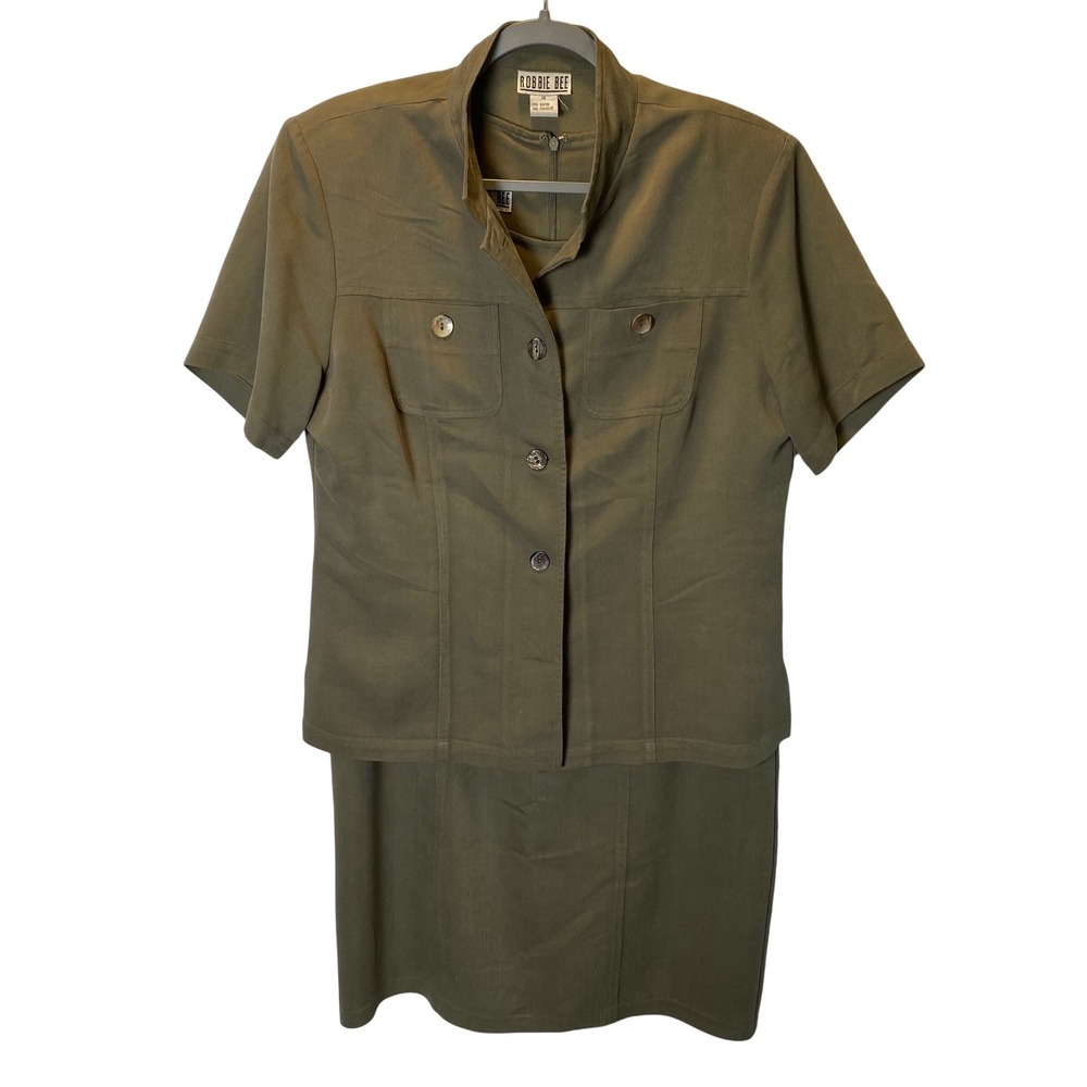 Robbie Bee Dress Set Women 14 Olive Green Jacket Sheath Dress 2pc Utility Safari